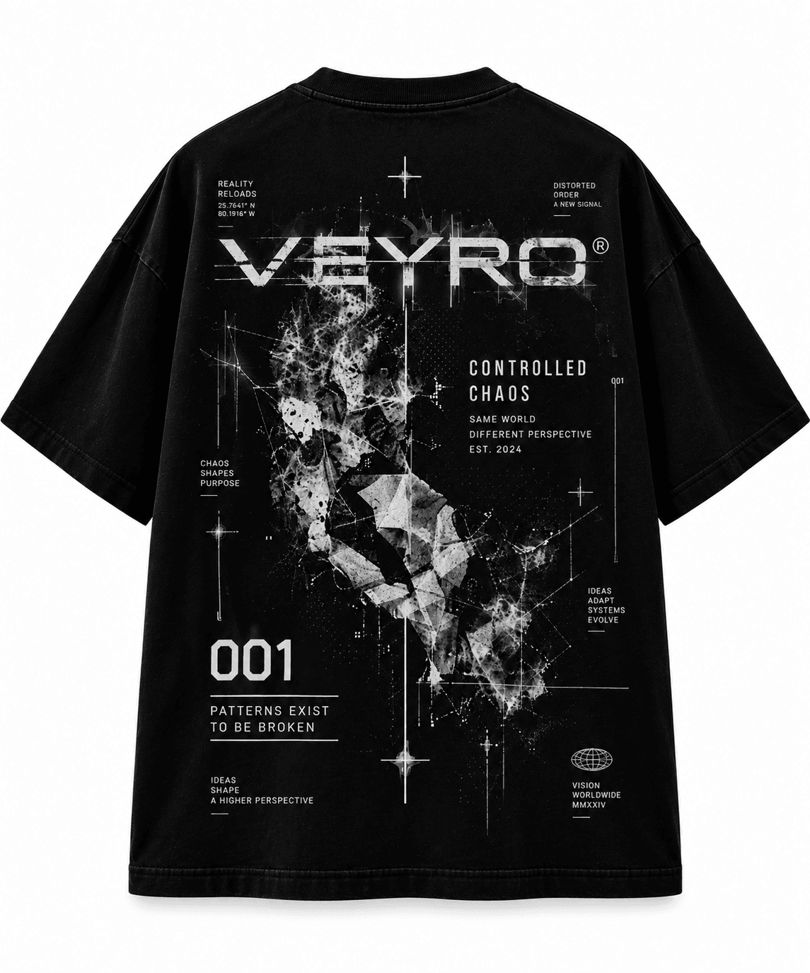 VEYRO Controlled Chaos Tee 001, clean back view with complete monochrome artwork