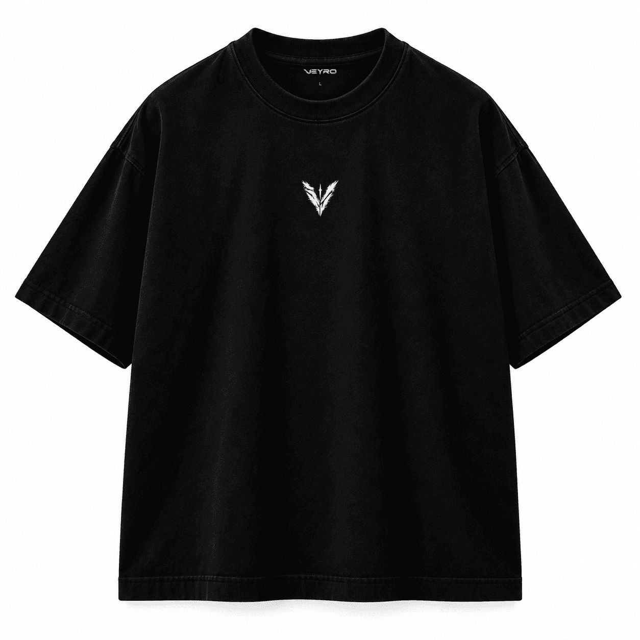 VEYRO Controlled Chaos Tee 001, clean front view with centered V chest print