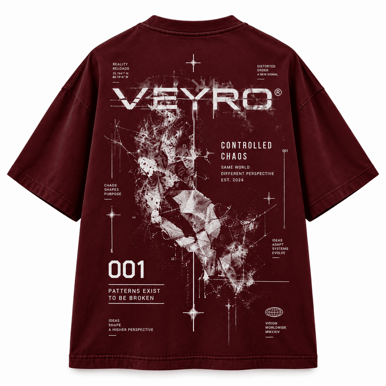 VEYRO Controlled Chaos Tee 001 in Oxblood, clean back view with complete monochrome artwork
