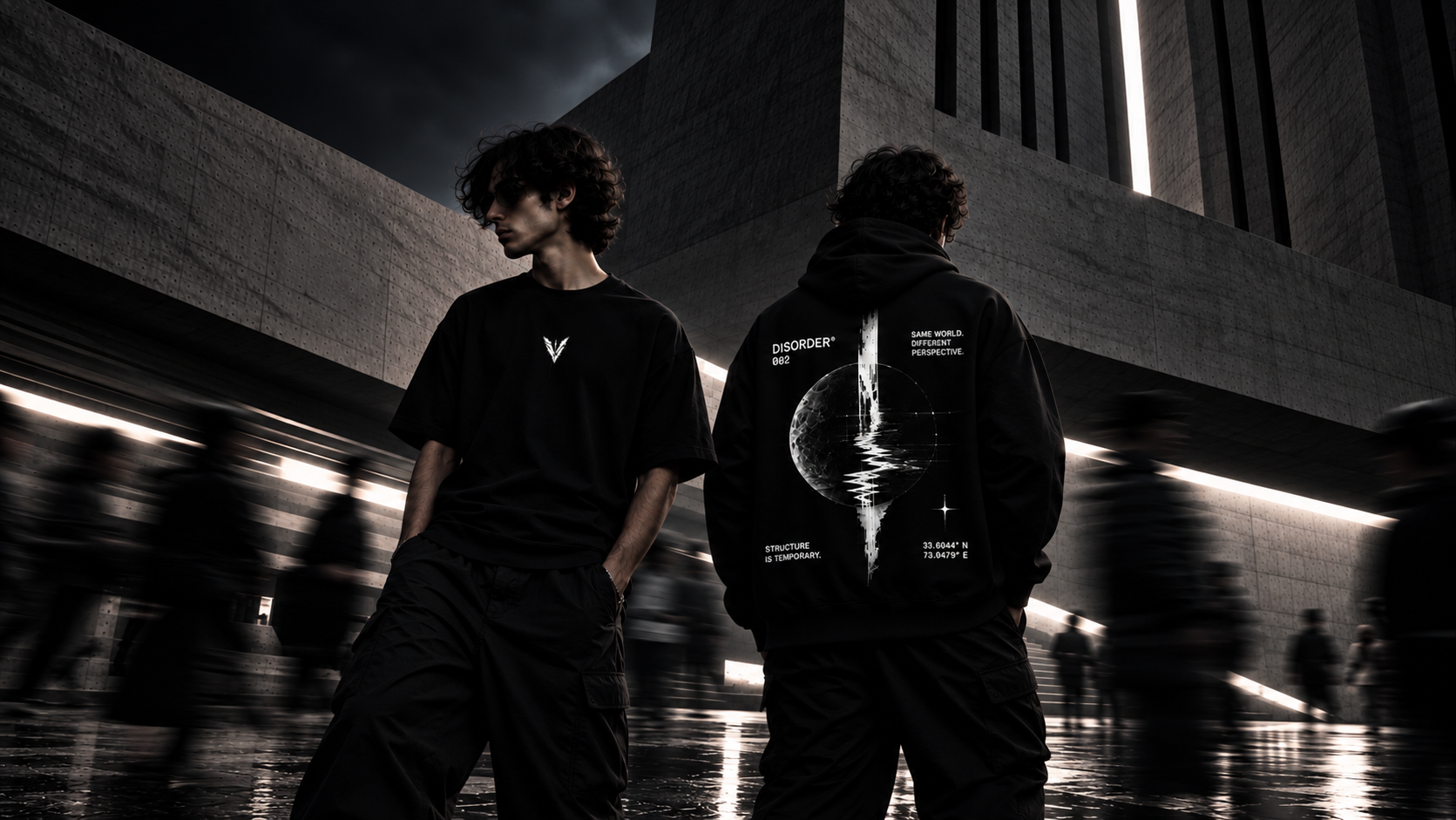 Models wearing VEYRO Controlled Chaos Tee 001 and Disorder Hoodie 002 in the Drop 001 campaign.