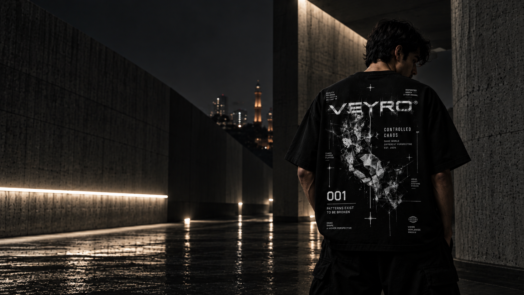 Model wearing VEYRO Controlled Chaos Tee 001 in the Drop 001 campaign.